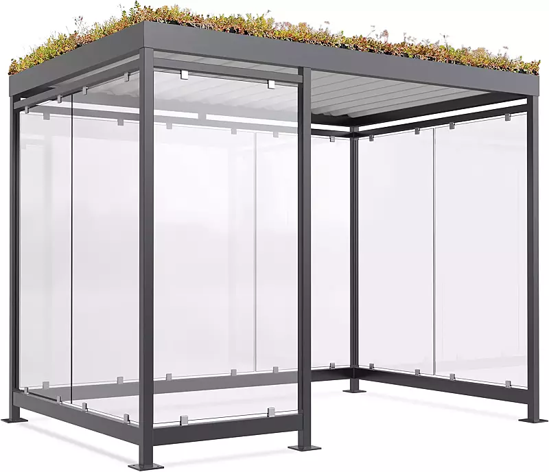 Raucherunterstand AQUILA GREEN, Dachbreite x Dachtiefe 3180 mm x 2165 mm, zum Aufdübeln bei +/- 0 mm, mit Rück- / Seitenwänden sowie Windschutzwand links, Stahlkonstruktion in RAL 7016 anthrazitgrau