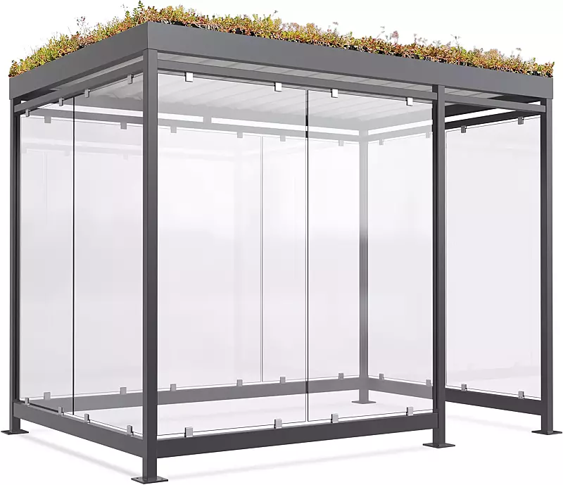 Raucherunterstand AQUILA GREEN, Dachbreite x Dachtiefe 3180 mm x 2165 mm, zum Aufdübeln bei +/- 0 mm, mit Rück-, Seiten- / 2 Windschutzwänden links, Stahlkonstruktion in RAL 7016 anthrazitgrau