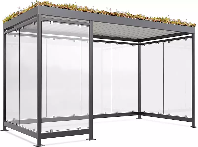 Raucherunterstand AQUILA GREEN, Dachbreite x Dachtiefe 4195 mm x 2165 mm, zum Aufdübeln bei +/- 0 mm, mit Rück- / Seitenwänden sowie Windschutzwand links, Stahlkonstruktion in RAL 7016 anthrazitgrau