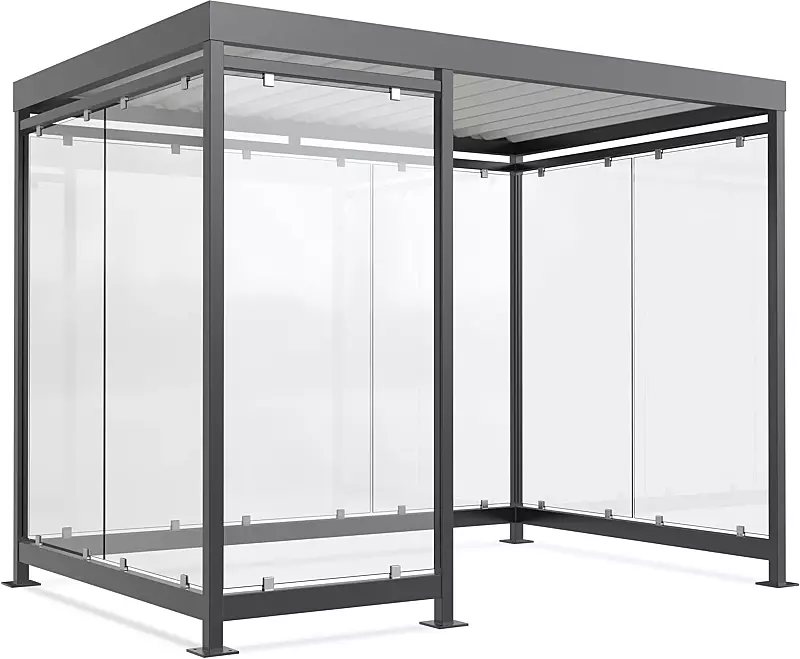 Raucherunterstand LEONIS, Dachbreite x Dachtiefe 2165 mm x 2165 mm, zum Aufdübeln bei +/- 0 mm, mit Rück- / Seitenwände sowie Windschutzwand links, Stahlkonstruktion in RAL 7016 anthrazitgrau