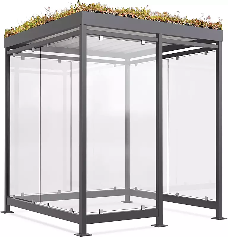 Raucherunterstand LEONIS GREEN, Dachbreite x Dachtiefe 2165 mm x 2165 mm, zum Aufdübeln bei +/- 0 mm, mit Rück- / Seitenwände sowie Windschutzwand links, Stahlkonstruktion in RAL 7016 anthrazitgrau