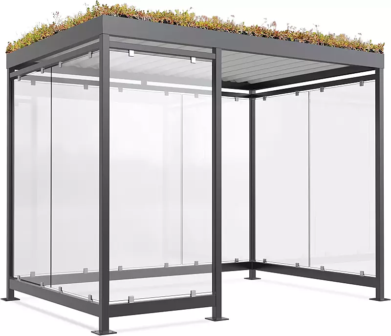 Raucherunterstand LEONIS GREEN, Dachbreite x Dachtiefe 2165 mm x 2165 mm, zum Aufdübeln bei +/- 0 mm, mit Rück- / Seitenwände sowie Windschutzwand links, Stahlkonstruktion in RAL 7016 anthrazitgrau