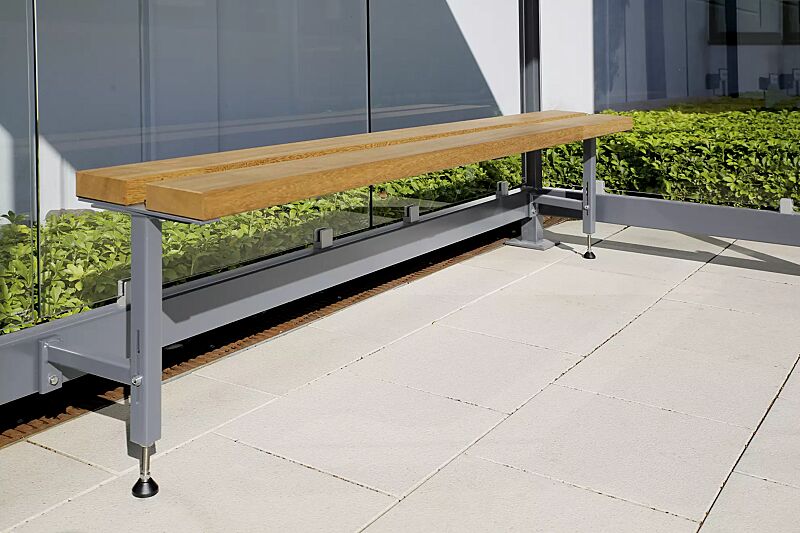 Sitzbank mit höhenverstellbaren Stützen, Stahlteile in RAL 7040 fenstergrau