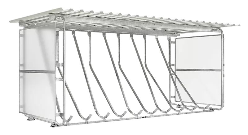 Fahrradüberdachung BIELA, Dachbreite x Dachtiefe 4300 mm x 2540 mm, einseitige Ausführung inklusive 10 Schräghochparker, Seitenwände Polyester, Stahlkonstruktion feuerverzinkt