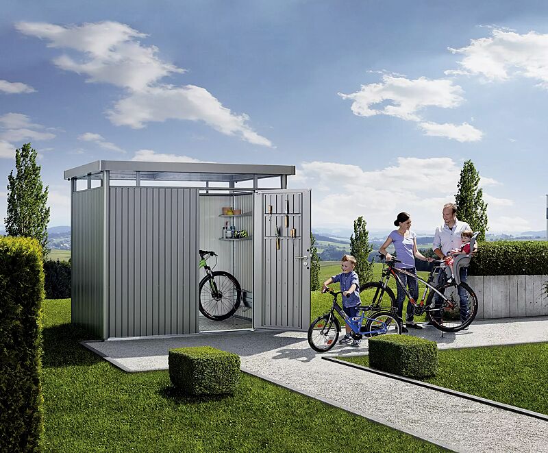 Gerätehaus HighLine®, Modell 2 in quarzgrau-metallic, mit Einflügeltür