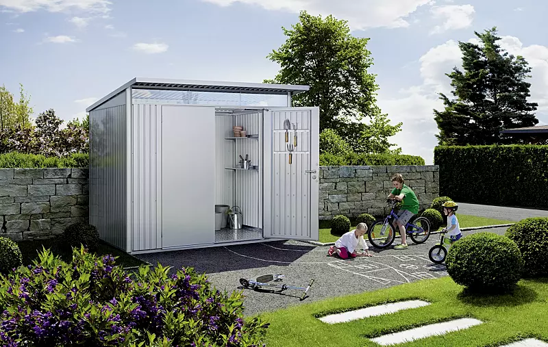 Gerätehaus AVANTGARDE®, Modell 5, in silber-metallic, mit Doppelflügeltür, Aluminium-Bodenrahmen und -Bodenplatte