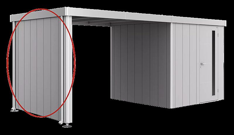 Gerätehaus NEO, mit Seitenwand für Seitendach in silber-metallic