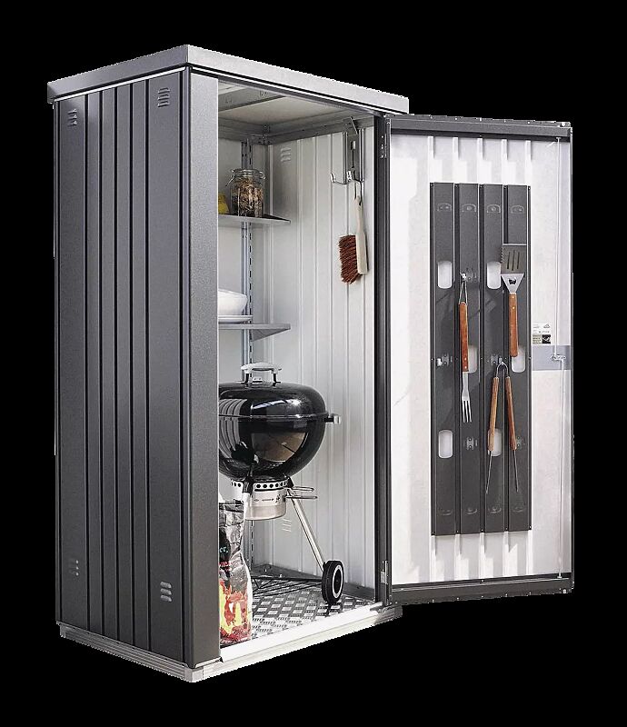 Geräteschrank NEUFELDEN, Modell 90, in dunkelgrau-metallic, mit Aluminium-Bodenrahmen und -Bodenplatte,