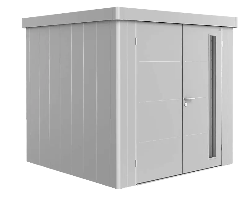 Gerätehaus NEO, Modell 2B, in silber-metallic, mit Doppelflügeltür
