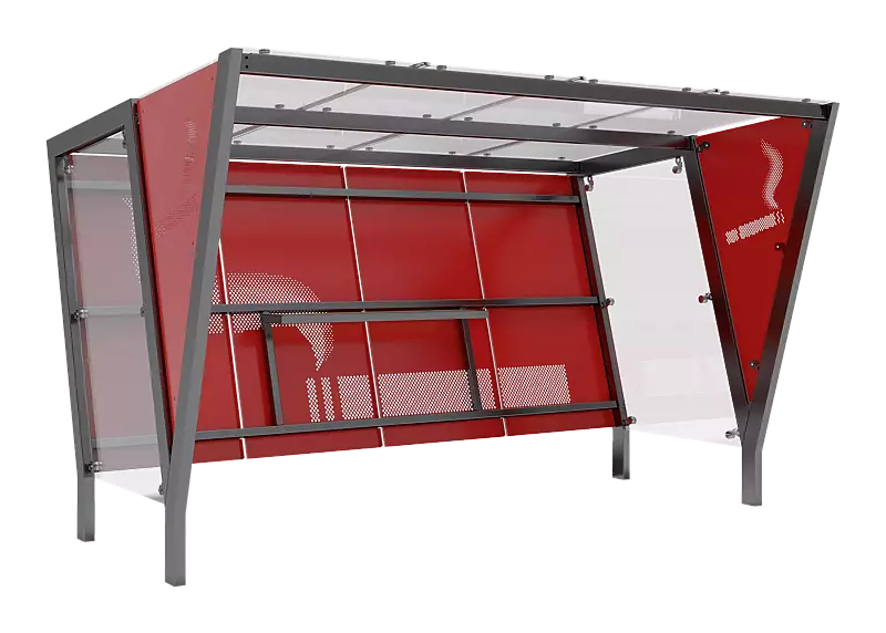 Raucherunterstand TAURI, mit Pultdach, Dachbreite x Dachtiefe 3940 mm x 2500 mm, Dacheindeckung VSG, Rückwand perforiertes Stahlblech, Seitenwand ESG, Klarglas bzw. perforiertem Stahlblech, Stahlkonstruktion in RAL 9006 weißaluminium