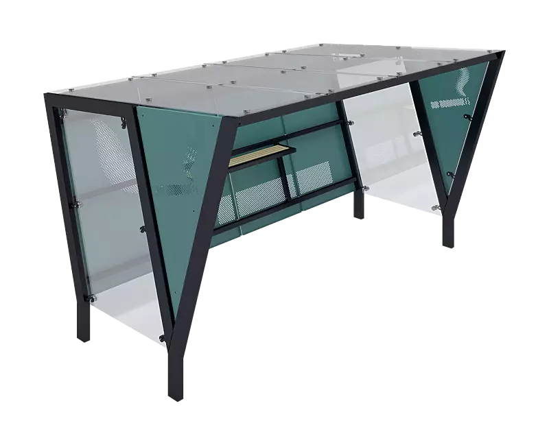 Raucherunterstand TAURI, mit Pultdach, Dachbreite x Dachtiefe 3940 mm x 2500 mm, Dacheindeckung VSG, Rückwand perforiertes Stahlblech, Seitenwand ESG, Klarglas bzw. perforiertem Stahlblech, Stahlkonstruktion in RAL 7016 anthrazitgrau