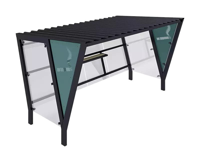 Raucherunterstand TAURI, mit Pultdach, Dachbreite x Dachtiefe 3940 mm x 2500 mm, Dacheindeckung Trapezblech, Rückwand ESG, Klarglas, Seitenwand ESG, Klarglas bzw. perforiertem Stahlblech, Stahlkonstruktion in RAL 7016 anthrazitgrau