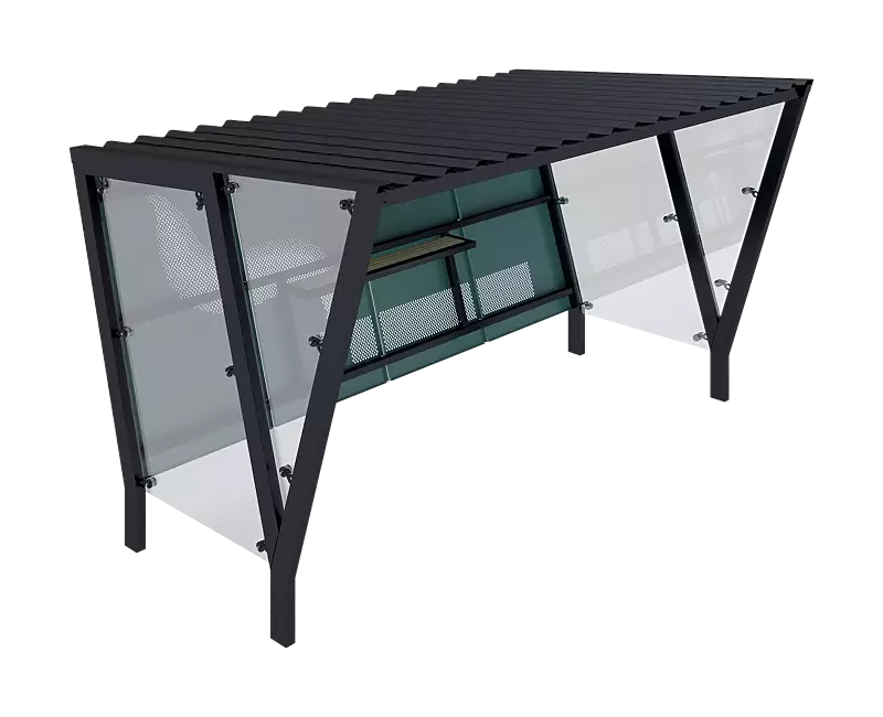 Raucherunterstand TAURI, mit Pultdach, Dachbreite x Dachtiefe 3940 mm x 2500 mm, Dacheindeckung Trapezblech, Rückwand perforiertes Stahlblech, Seitenwand ESG, Klarglas, Stahlkonstruktion in RAL 7016 anthrazitgrau