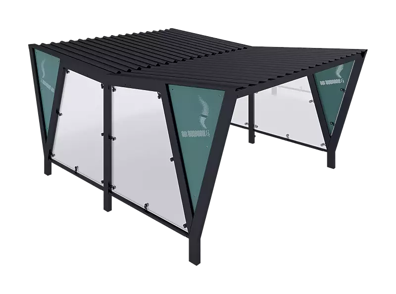 Raucherunterstand TAURI, mit Trogdach, Dachbreite x Dachtiefe 3940 mm x 5100 mm, Dacheindeckung Trapezblech, Seitenwand ESG, Klarglas bzw. perforiertem Stahlblech, Stahlkonstruktion in RAL 7016 anthrazitgrau