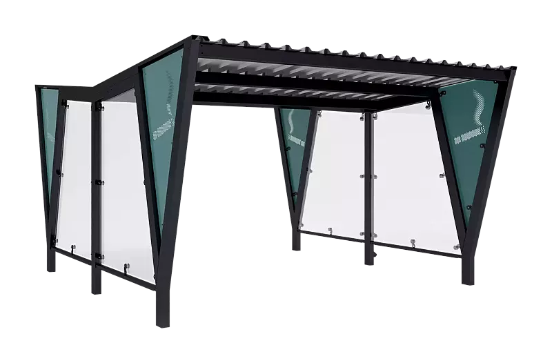 Raucherunterstand TAURI, mit Trogdach, Dachbreite x Dachtiefe 3940 mm x 5100 mm, Dacheindeckung Trapezblech, Seitenwand ESG, Klarglas bzw. perforiertem Stahlblech, Stahlkonstruktion in RAL 7016 anthrazitgrau