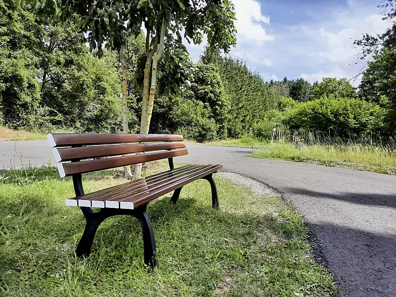 Sitzbank ORDONA mit PVC-Kunststoffbelattung mit Holzeinlage, in mahagonibraun ähnlich RAL 8016