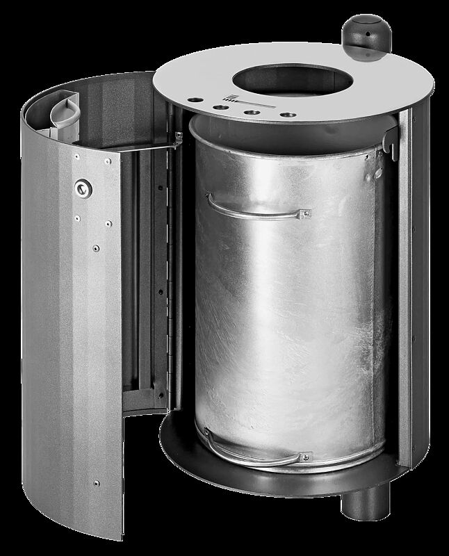 Abfallbehälter BEXHILL mit Ascher, 40 Liter, mit Pfosten, in DB 703 eisenglimmer, Tür geöffnet