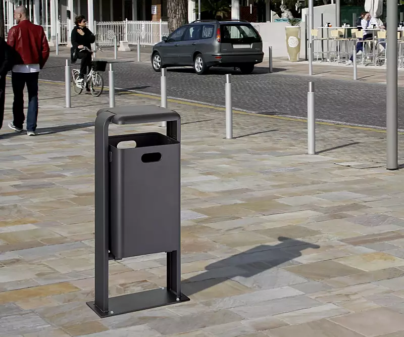 Abfallbehälter SHIPLEY, zum Aufdübeln, Behälter aus Aluminium bzw. aus Stahl, Rahmen aus Stahl, komplett in RAL 7016 anthrazitgrau