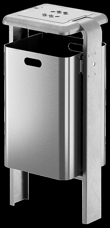 Abfallbehälter SHIPLEY mit Ascher, 60 Liter, zum Einbetonieren, Behälter aus Aluminium, Rahmen aus Stahl, feuerverzinkt