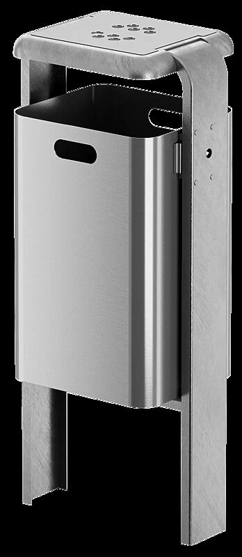 Abfallbehälter SHIPLEY mit Ascher, 40 Liter, zum Einbetonieren, Behälter aus Aluminium, Rahmen aus Stahl, feuerverzinkt