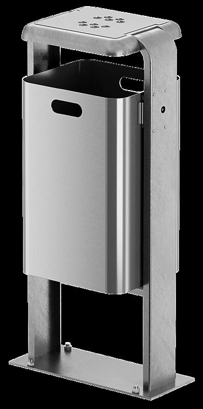 Abfallbehälter SHIPLEY mit Ascher, 40 Liter, zum Aufdübeln, Behälter aus Aluminium, Rahmen aus Stahl, feuerverzinkt