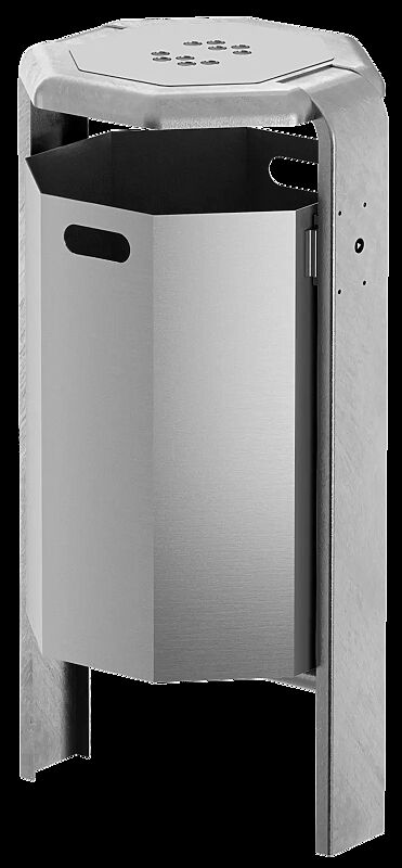 Abfallbehälter COVENTRY mit Ascher, 65 Liter, zum Einbetonieren, Behälter aus Aluminium, Rahmen aus Stahl, feuerverzinkt