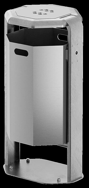 Abfallbehälter COVENTRY mit Ascher, 65 Liter, zum Aufdübeln, Behälter aus Aluminium, Rahmen aus Stahl, feuerverzinkt