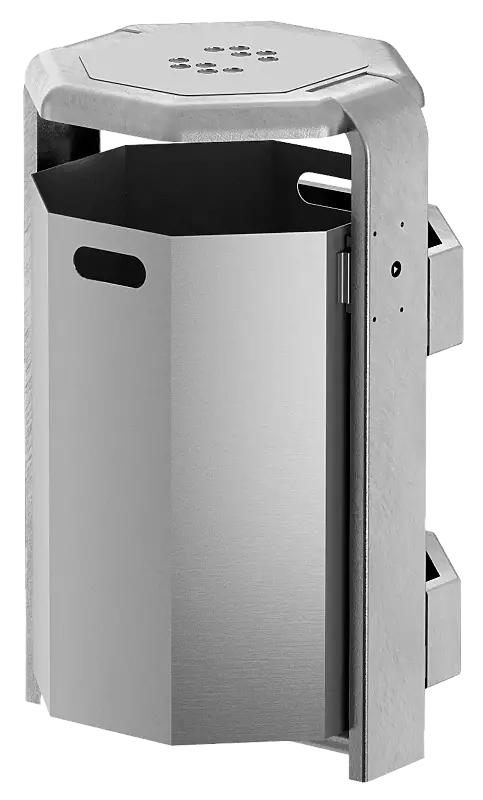 Abfallbehälter COVENTRY mit Ascher, 65 Liter, Behälter aus Aluminium, Rahmen aus Stahl, feuerverzinkt