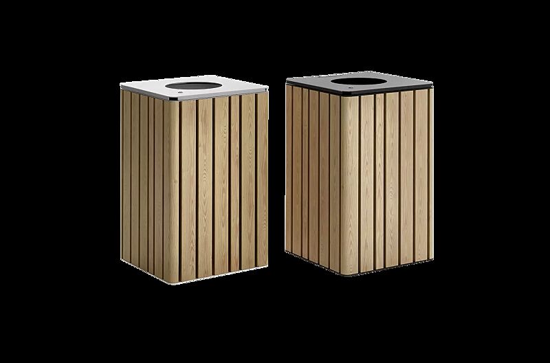 Abfallbehälter MANTUA ohne Schutzdach, Aluminium in natürlichem Eschenholzoptik-Effekt, Stahlteile in RAL 9003 signalweiß sowie in eisenglimmergrau