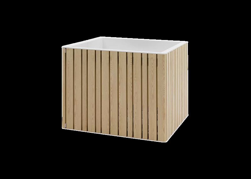 Pflanzbehälter MANTUA, 210 Liter, Aluminium in natürlichem Eschenholzoptik-Effekt, Stahlteile in RAL 9003 signalweiß