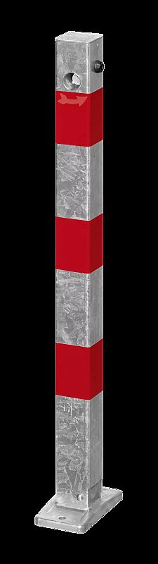 Sperrpfosten GERNIKA NEW zum Aufdübeln, einseitig kippbar, mit Bodenplatte, mit Dreikantschloss, feuerverzinkt mit roten Reflexstreifen