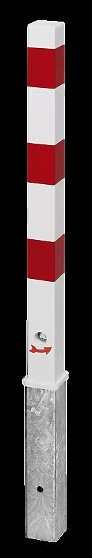 Sperrpfosten GERNIKA NEW zum Einbetonieren, herausnehmbar aus Bodenhülse mittels Dreikantschloss, in RAL 9010 reinweiß mit roten Reflexstreifen