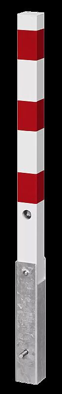 Sperrpfosten GERNIKA NEW zum Einbetonieren, mit Hebe-Kipp-Mechanismus, mit Dreikantschloss, in RAL 9010 reinweiß mit roten Reflexstreifen