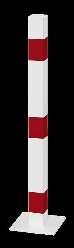 Sperrpfosten GERNIKA NEW zum Aufdübeln mit Bodenplatte, ohne Schließung, in RAL 9010 reinweiß mit roten Reflexstreifen
