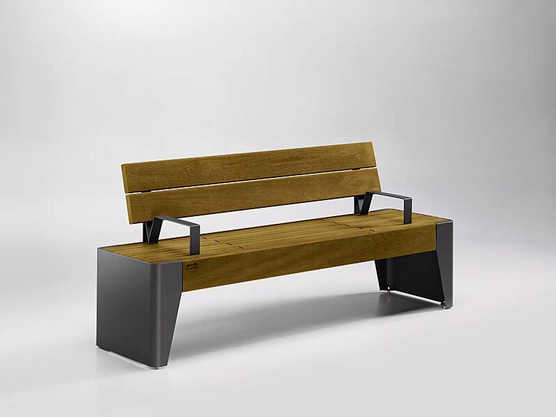 Sitzbank FOLA mit Rückenlehne und Armlehnen, Stahlteile in DB 703 eisenglimmer