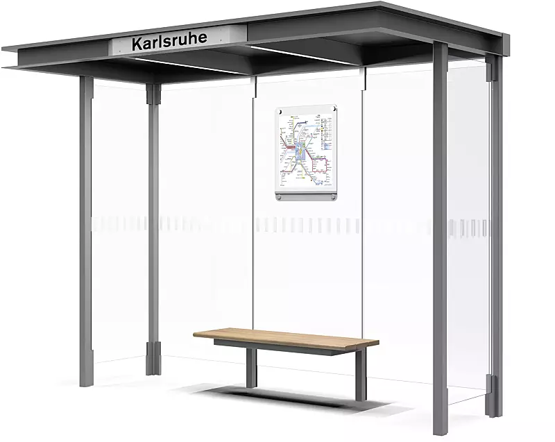Wartehalle HOREC, Dachbreite x Dachtiefe 2955 mm x 1484 mm, Rück- / Seitenwände VSG, Klarglas, mit Sichtstreifen, Sitzbank mittig, Fahrplanschaukasten, Stahlkonstruktion in RAL 9007 graualuminium