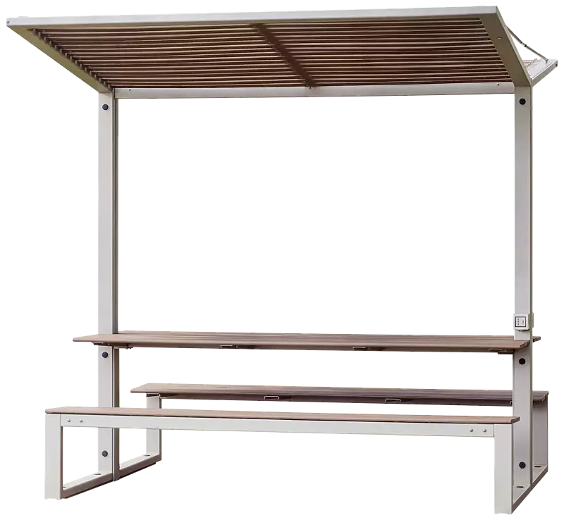 Freizeitüberdachung CISON, Lamellendach aus Holz, Stahlkonstruktion in RAL 9010 reinweiß