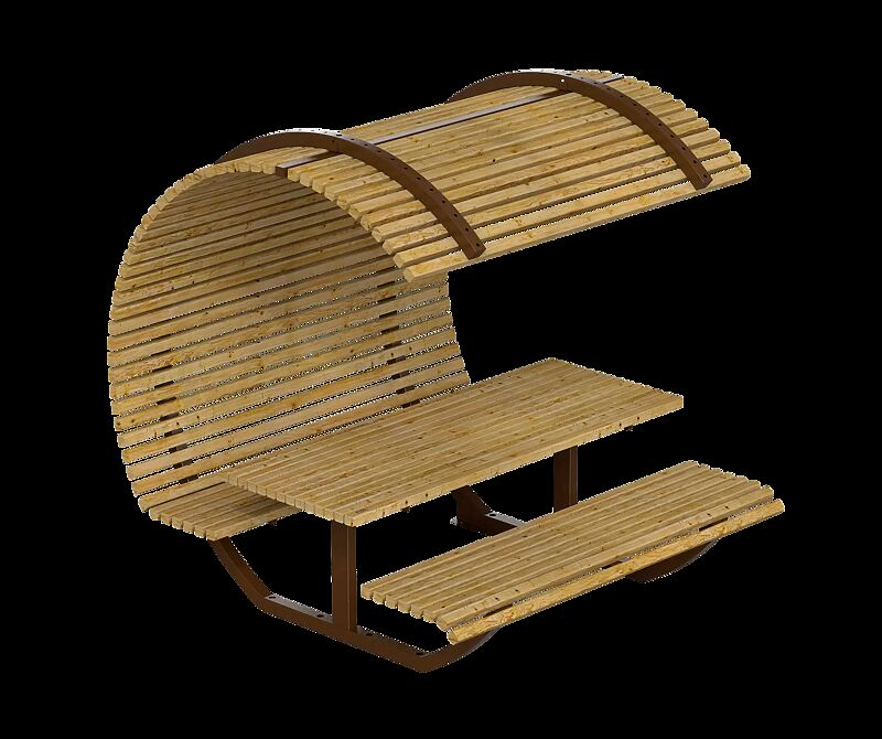 Freizeitüberdachung CISON CONTEA mit Tisch und Sitzbänken, halbkreisförmig, mit Kiefernholzbelattung, Stahlteile in corten