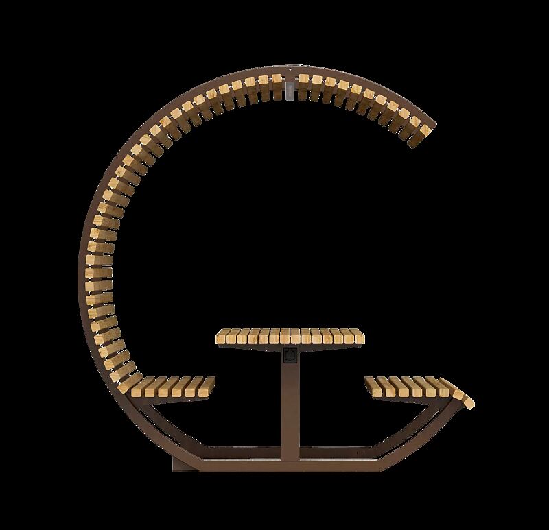 Freizeitüberdachung CISON CONTEA mit Tisch und Sitzbänken, halbkreisförmig, mit Kiefernholzbelattung, Stahlteile corten