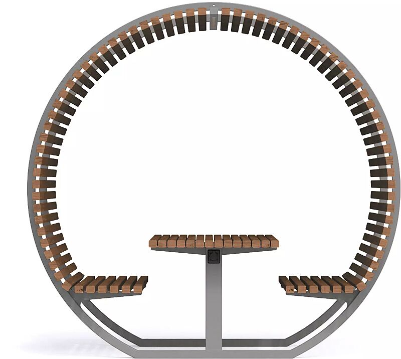 Freizeitüberdachung CISON CONTEA mit Tisch und Sitzbänken, kreisförmig, mit Sapeliholzbelattung, Stahlteile in RAL 7012 basaltgrau