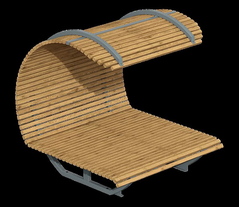 Freizeitüberdachung CISON CONTEA mit Liegefläche, halbkreisförmig, mit Kiefernholzbelattung, Stahlteile in RAL 7012 basaltgrau