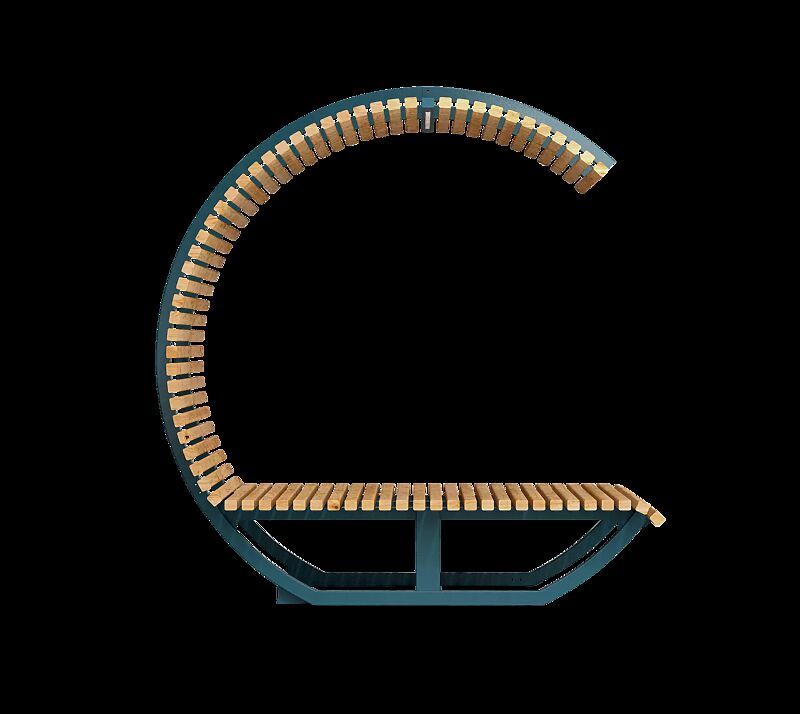 Freizeitüberdachung CISON CONTEA mit Liegefläche, halbkreisförmig, mit Kiefernholzbelattung, Stahlteile in RAL 5021 wasserblau