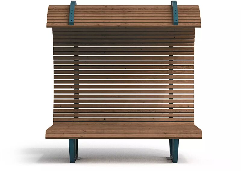 Freizeitüberdachung CISON CONTEA mit Liegefläche, halbkreisförmig, mit Sapeliholzbelattung, Stahlteile in RAL 5021 wasserblau