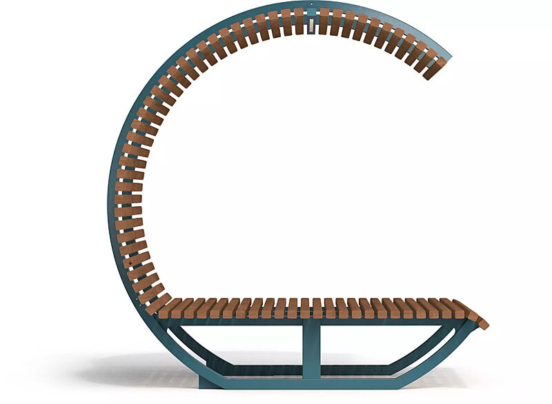 Freizeitüberdachung CISON CONTEA mit Liegefläche, halbkreisförmig, mit Sapeliholzbelattung, Stahlteile in RAL 5021 wasserblau