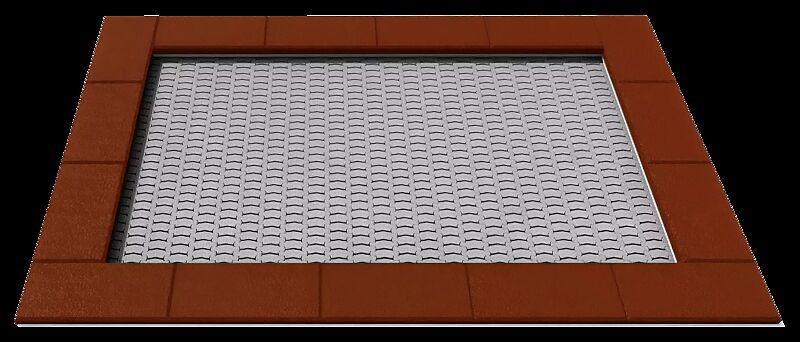 Bodentrampolin BUZO, Umrandung in rot-braun, Sprungmatte in RAL 7035 lichtgrau