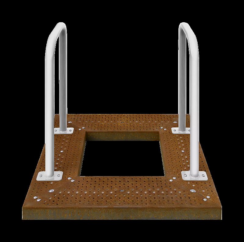 Baumschutzrost TABER, Breite x Tiefe 1000 x 1000 mm, mit Fahrradanlehnbügel aus Edelstahl, Unterkonstrukion verzinkt, Blechprofil-Segmente mit Prägung City aus Cortenstahl