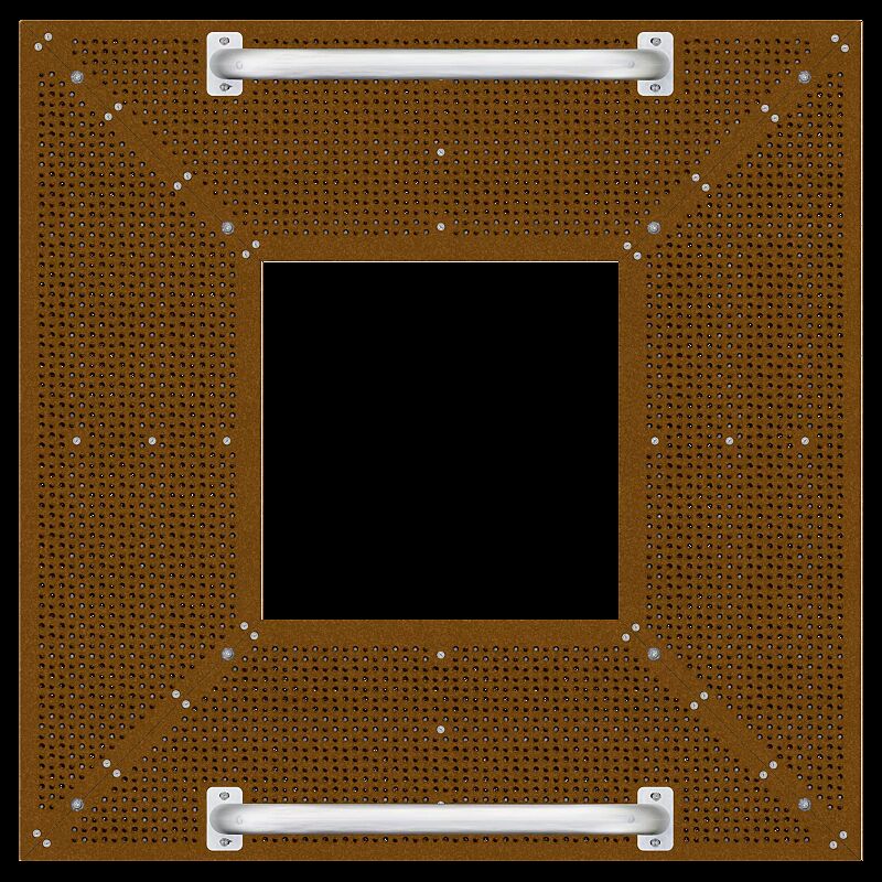 Baumschutzrost TABER, Breite x Tiefe 2000 x 2000 mm, mit Fahrradanlehnbügel aus Edelstahl, Unterkonstrukion verzinkt, Blechprofil-Segmente mit Prägung City aus Cortenstahl
