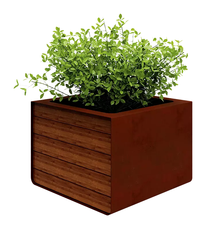 Pflanzbehälter REPOSA, 500 Liter, Seitenteile mit Bambusholzbelattung, aus Cortenstahl