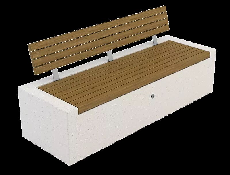 Sitzbank DEMETRA mit Rückenlehne, aus Beton, mit Okouméholzbelattung, in Granitoptik weiß