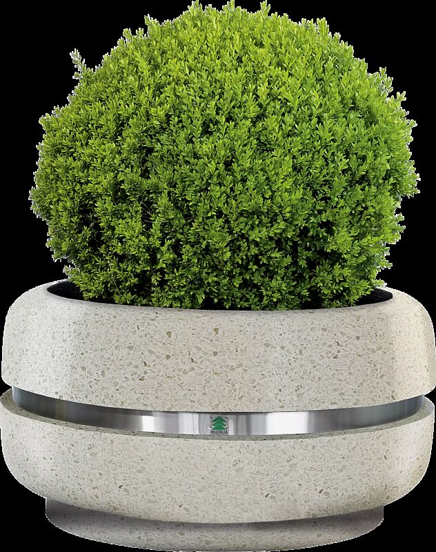 Pflanzbehälter TIMELESS aus Beton geschliffen, in Granitoptik weiß, Ringtaille aus Edelstahl